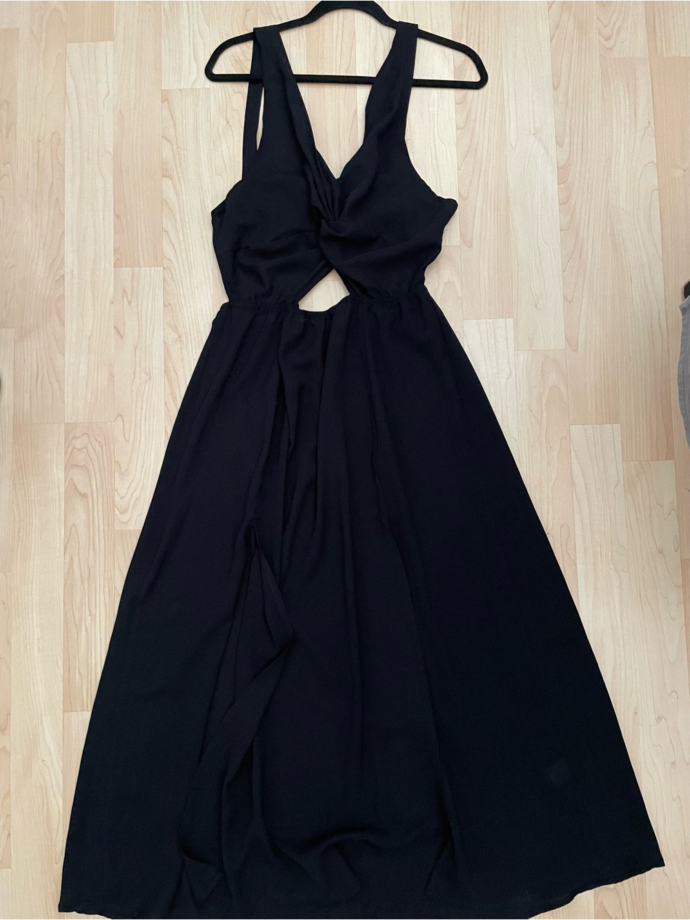 Black Crepe Sheer Cutout Twist Front/Back Tie Maxi Dress Size M/L see photos